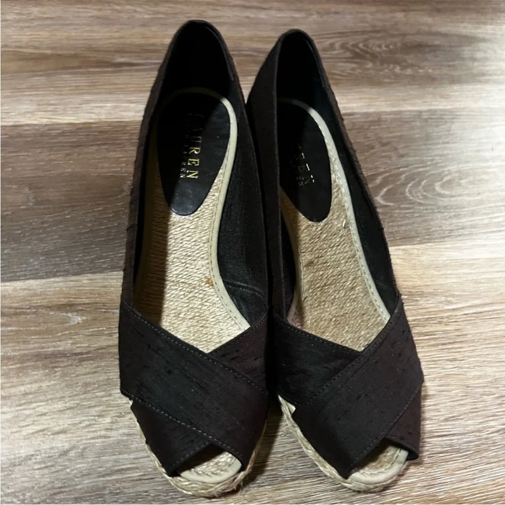 Ralph Lauren Cecilia Espadrille Wedge Sandals Brown Shantung Silk Size 8